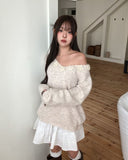 Rosy Flower Hairy V-neck Knit