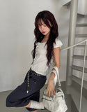 Dot Ribbon Shirring Puff Off-Shoulder Short Sleeve