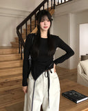 Kuri Color Matching Strap Layered Bustier Long Sleeve Set