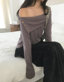 [MADE] Enze Vintage Antique Button Off Shoulder Long Sleeve T-Shirt