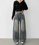 Unique Cut Line Damage Point Balloon Wide Denim Pants