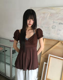 Kiaco Heart Neck Puff Ribbon Punching Short Sleeve Blouse
