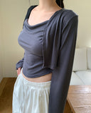 Permil Drape Shirring Crop Sleeveless Cardigan Set