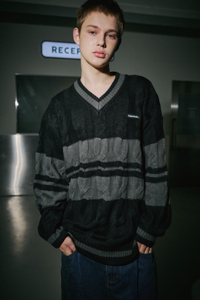 ★CPGN STUDIO_COMPAGNO★ Cable wappen V-neck knit black ◇CPGN STUDIO Cable Wappen V-neck Knit/3色◇ (CPGN