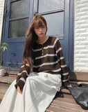 Tsen Stripe Button Henley Neck Long Sleeve Knit