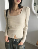 Coil chiffon layered square neck slit ribbed knit