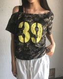 Ray Camo Number Print Off Shoulder Shirring Short Sleeve T-Shirt
