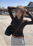 Denk Shirring Eyelet Crop Lip Neck T-shirt