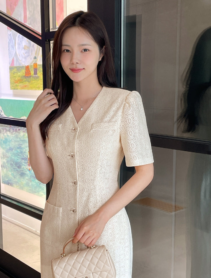 【I AM MARI】[PREMIUM] Lovely V-neck Lace Button One Piece I AM MARI (アイアムマリ) - [プレミアム]ラブリーVネックレース