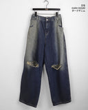 Tiso damage Mufa back banding washing denim long wide pants