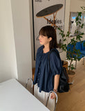 Demins Ribbon Button Denim Short Sleeve Blouse