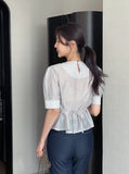 Marisa Short Sleeve Puff Unbalanced Wrap Blouse