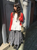 Cayue Check Shirring Tiered Banding Long Skirt