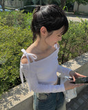 Nayu Ribbon Off Shoulder Cropped T-shirt