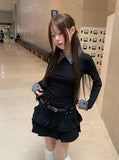 Rosin Color Matching Collar Button Slim Long Sleeve T-shirt