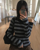 [Brushed Lining] Knockin Stripe One Shoulder Unbalanced Knit T-shirt