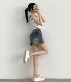 Hip-up Vintage Back Pocket Point Washing H-line Denim Skirt