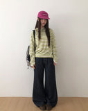 Taen Diagonal Button Stripe Hooded T-Shirt