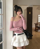 Delitte Stripe Unbalanced Shoulder Long Sleeve