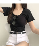 Deep U-neck Square Neck Slim Fit Short Sleeve T-Shirt