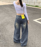 Stripe Folding Hem Snap Wide Denim Pants