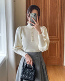 Levin Puff Pearl Button Frill Lace Turtleneck Knit
