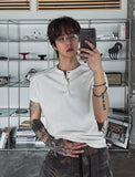 Rib shawl patch henley neck short sleeve t-shirt