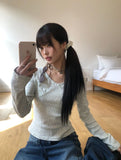 Rome Flower Ribbon V-Neck Long Sleeve T-Shirt