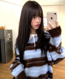 Here Color Matching Stripe Collar Neck Button Long Sleeve Knit