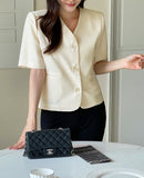 Leju No Collar Tweed Short Sleeve Short Jacket