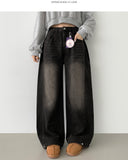 Washing Banding Heated Fabric Brushed Hem Snap Wide Fit Denim Pants XL~
