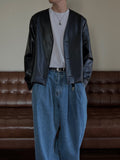 Collarless Crop Leather Jacket