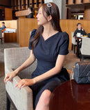 Moenne Heart Neck Puff Tweed Flare One Piece