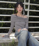 Vision Belt Buckle Shirring Ribbed Off-Shoulder T-Shirt