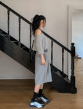 Mio pinstripe off-shoulder layered set