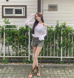 Loose-Fit Boat Neck Mesh Long Sleeve Knit
