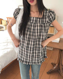 Onnit Check Square Neck Mini Short Sleeve Blouse