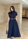 Odd Half-Neck Draped Banding Flare One Piece (Belt Set)