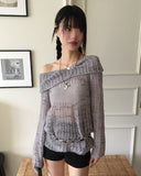 Chalo mother-of-pearl button printed mesh one-shoulder long-sleeved knitwear