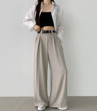 Two Pin Tuck Belt Set Wide Slacks Pants