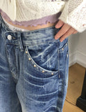 Boa Stud Eyelet Pocket Wide Fit Washed Denim Long Pants