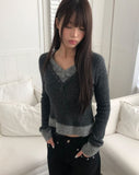 Lipin Color Matching V-Neck Slim Boucle Long Sleeve Knit