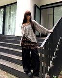 Curled Stripe Round Neck Loose Fit Long Sleeve Knit