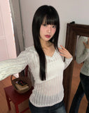 Toohi Cubic Ribbed V-Neck See-Through Long Sleeve T-Shirt