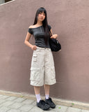 Az Pigment Washing Unbalanced One Off-Shoulder Button Short Sleeve T-shirt