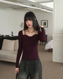 RB Bolero Slit Ribbed Wave Square Heart Neck Long Sleeve Knit