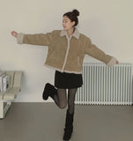 Suede Teddy Bear Button Collar Sleeve Fur Short Mustang