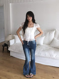 Neron Shirring Frill Ribbon Puff See-through Short Sleeve Blouse