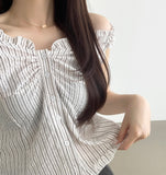 Stripe Pattern Shoulder Banding Off-shoulder Sleeveless Blouse