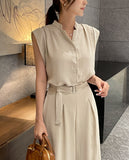 [Two-piece set] Rubia PintuckSleeveless Blouse Belt Wide Pants
